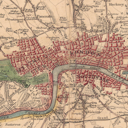 Old Map of London and Suburbs (25 miles) in 1790, by W. Faden - Kent, Sussex, Surrey, Essex, Middlesex, Hertfordshire