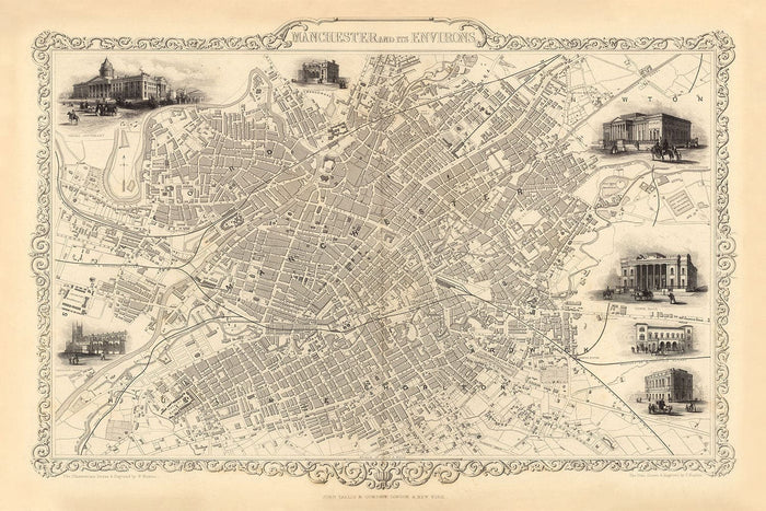 Old Map of Manchester and Environs by John Rapkin, 1851 - Town Hall, Royal Infirmary, Train Stations
