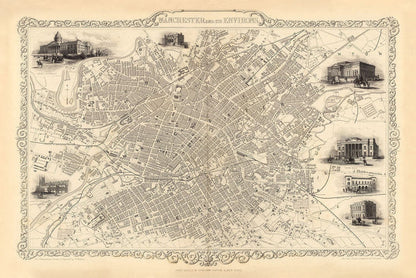 Old Map of Manchester and Environs by John Rapkin, 1851 - Town Hall, Royal Infirmary, Train Stations