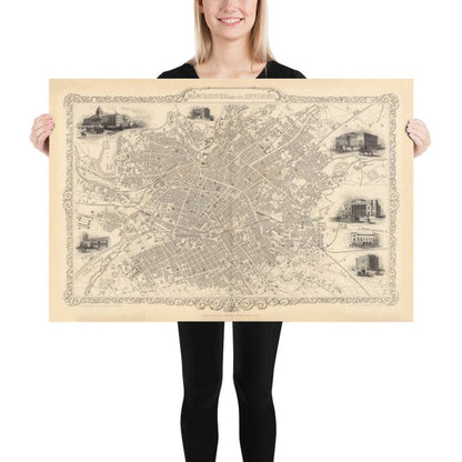 Old Map of Manchester and Environs by John Rapkin, 1851 - Town Hall, Royal Infirmary, Train Stations