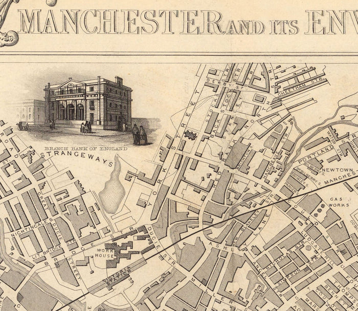 Old Map of Manchester and Environs by John Rapkin, 1851 - Town Hall, Royal Infirmary, Train Stations