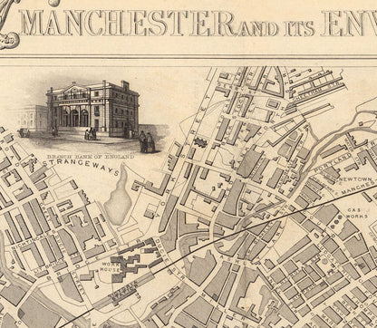 Old Map of Manchester and Environs by John Rapkin, 1851 - Town Hall, Royal Infirmary, Train Stations