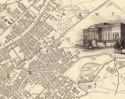 Old Map of Manchester and Environs by John Rapkin, 1851 - Town Hall, Royal Infirmary, Train Stations
