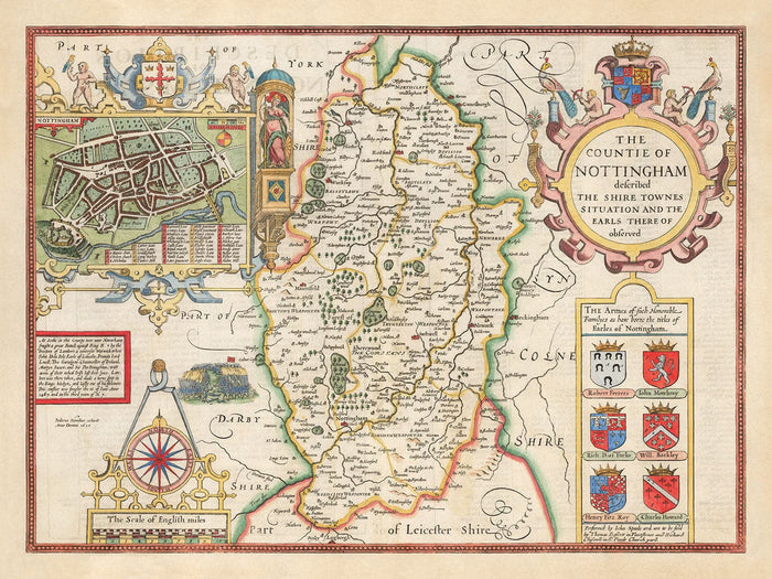 Old Map of Nottinghamshire, 1611 by John Speed - Nottingham, Mansfield, Newark, Worksop
