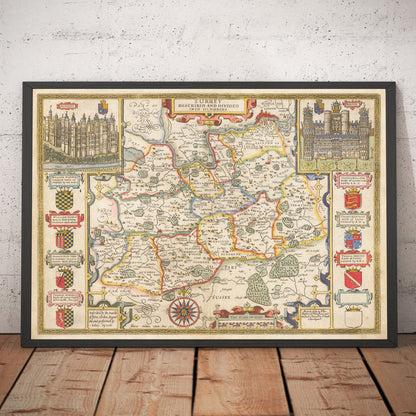 Old Map of Surrey 1611 by John Speed - Woking, Guildford, Croydon, Richmond, Esher, Cobham, Sutton, Morden