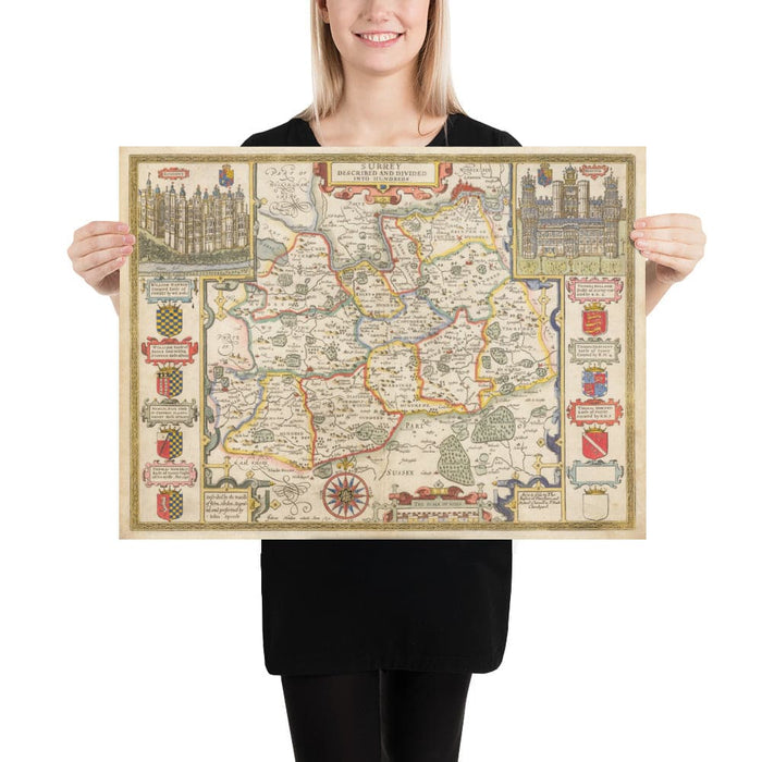 Old Map of Surrey 1611 by John Speed - Woking, Guildford, Croydon, Richmond, Esher, Cobham, Sutton, Morden