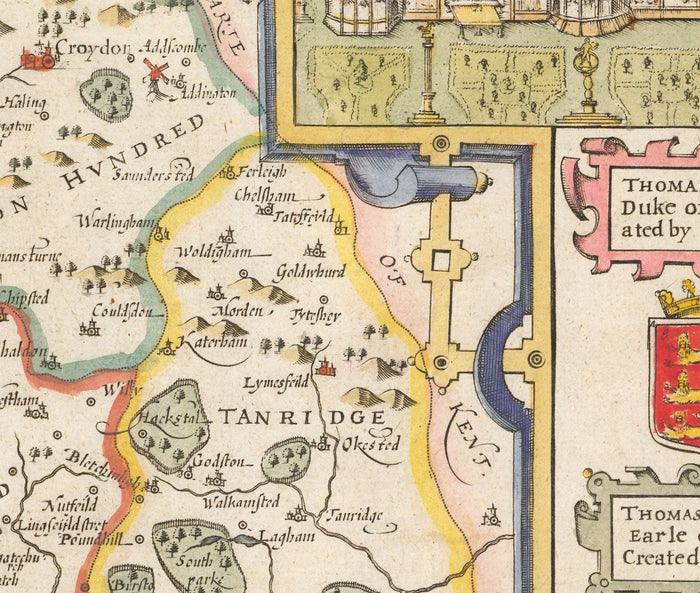 Old Map of Surrey 1611 by John Speed - Woking, Guildford, Croydon, Richmond, Esher, Cobham, Sutton, Morden