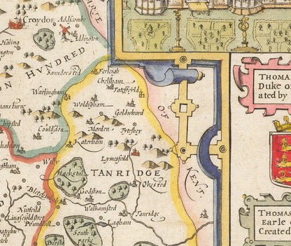 Old Map of Surrey 1611 by John Speed - Woking, Guildford, Croydon, Richmond, Esher, Cobham, Sutton, Morden