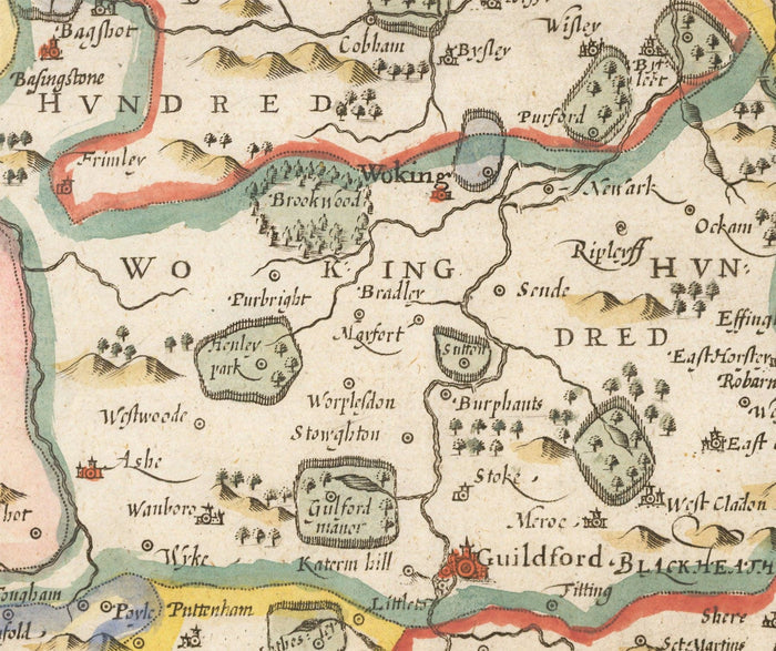 Old Map of Surrey 1611 by John Speed - Woking, Guildford, Croydon, Richmond, Esher, Cobham, Sutton, Morden