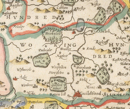 Old Map of Surrey 1611 by John Speed - Woking, Guildford, Croydon, Richmond, Esher, Cobham, Sutton, Morden