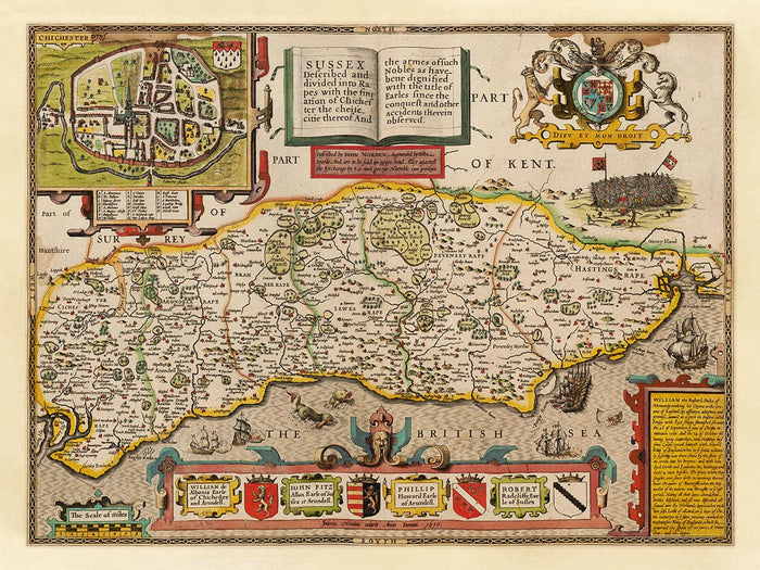 Old Map of Sussex in 1611 by John Speed - Worthing, Crawley, Brighton, Bognor, Eastbourne