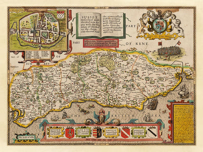 Old Map of Sussex in 1611 by John Speed - Worthing, Crawley, Brighton, Bognor, Eastbourne