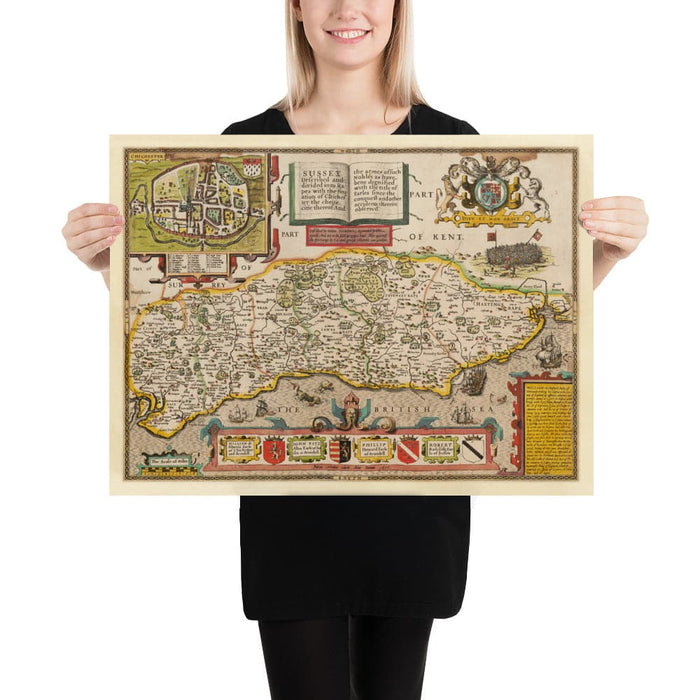 Old Map of Sussex in 1611 by John Speed - Worthing, Crawley, Brighton, Bognor, Eastbourne