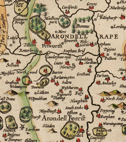 Old Map of Sussex in 1611 by John Speed - Worthing, Crawley, Brighton, Bognor, Eastbourne