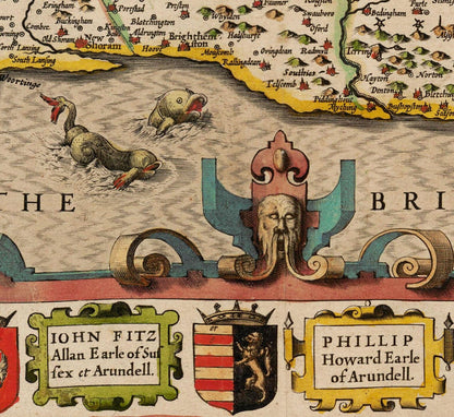 Old Map of Sussex in 1611 by John Speed - Worthing, Crawley, Brighton, Bognor, Eastbourne