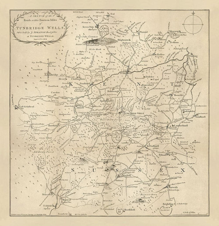 Old Map of Tunbridge Wells and 14 miles around by Jasper Sprange, 1802 - Kent, East Sussex