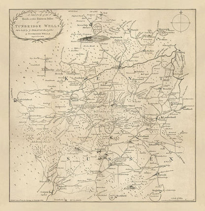 Old Map of Tunbridge Wells and 14 miles around by Jasper Sprange, 1802 - Kent, East Sussex