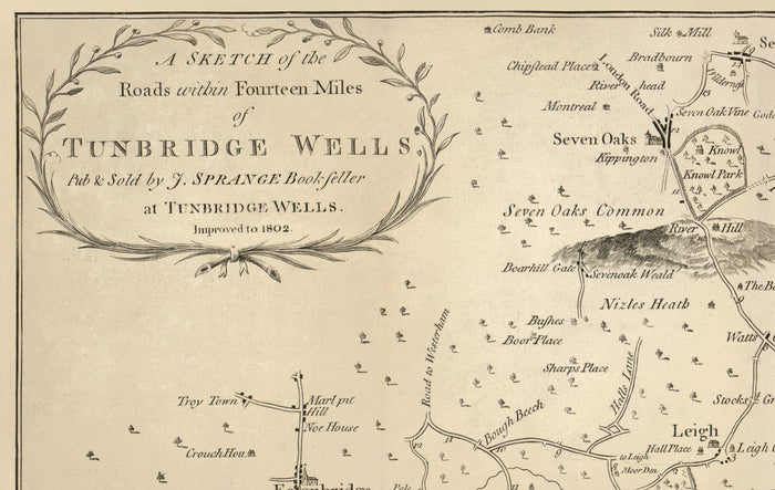 Old Map of Tunbridge Wells and 14 miles around by Jasper Sprange, 1802 - Kent, East Sussex