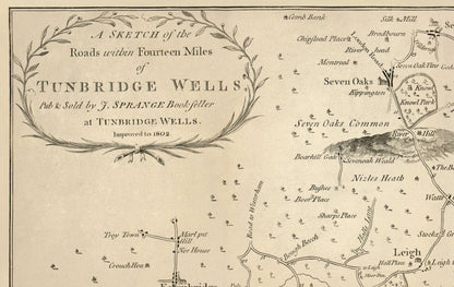 Old Map of Tunbridge Wells and 14 miles around by Jasper Sprange, 1802 - Kent, East Sussex