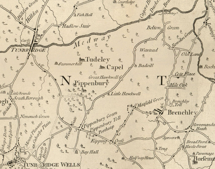 Old Map of Tunbridge Wells and 14 miles around by Jasper Sprange, 1802 - Kent, East Sussex