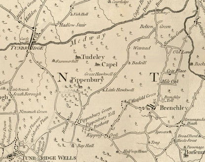 Old Map of Tunbridge Wells and 14 miles around by Jasper Sprange, 1802 - Kent, East Sussex