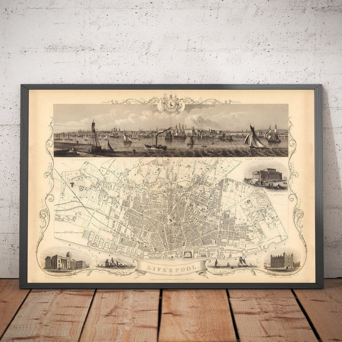 Old Monochrome Map of Liverpool by John Rapkin, 1851