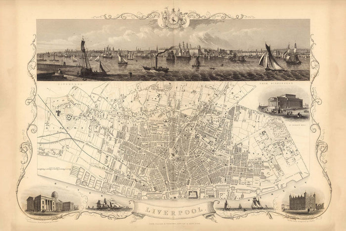 Old Monochrome Map of Liverpool by John Rapkin, 1851