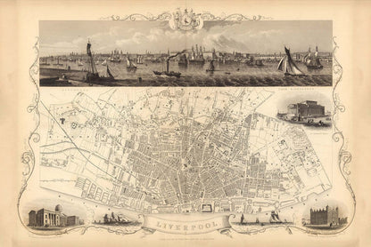 Old Monochrome Map of Liverpool by John Rapkin, 1851
