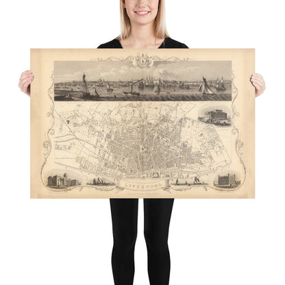 Old Monochrome Map of Liverpool by John Rapkin, 1851
