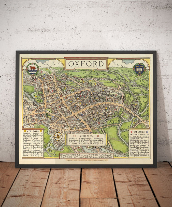 Old Oxford pictorial map by Spencer Hoffman, 1929 - University and Colleges