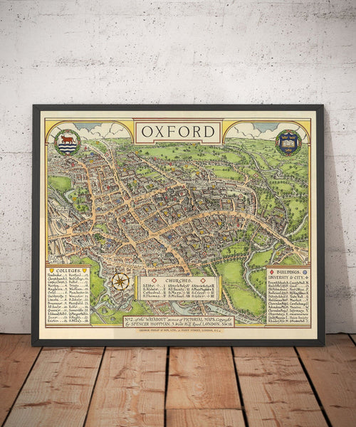 Old Oxford pictorial map by Spencer Hoffman, 1929 - University and Colleges