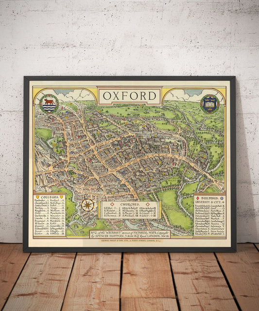 Old Oxford pictorial map by Spencer Hoffman, 1929 - University and Colleges