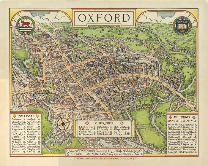 Old Oxford pictorial map by Spencer Hoffman, 1929 - University and Colleges