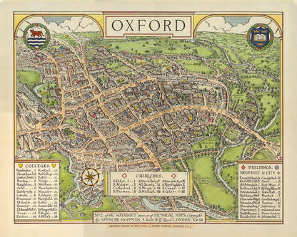 Old Oxford pictorial map by Spencer Hoffman, 1929 - University and Colleges