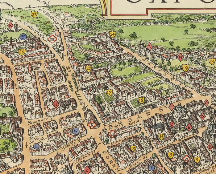 Old Oxford pictorial map by Spencer Hoffman, 1929 - University and Colleges