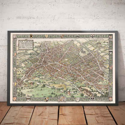 Old Pictorial Map of Birmingham in 1730 by Bernard Sleigh