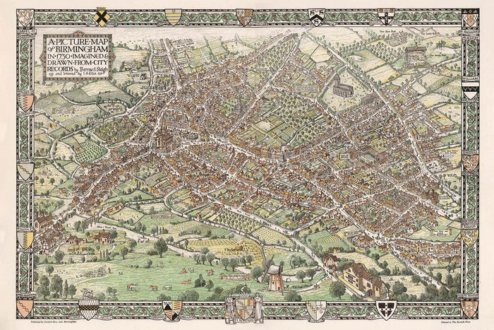 Old Pictorial Map of Birmingham in 1730 by Bernard Sleigh