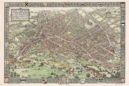 Old Pictorial Map of Birmingham in 1730 by Bernard Sleigh
