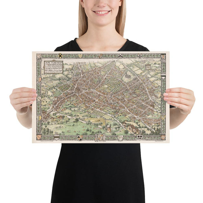 Old Pictorial Map of Birmingham in 1730 by Bernard Sleigh