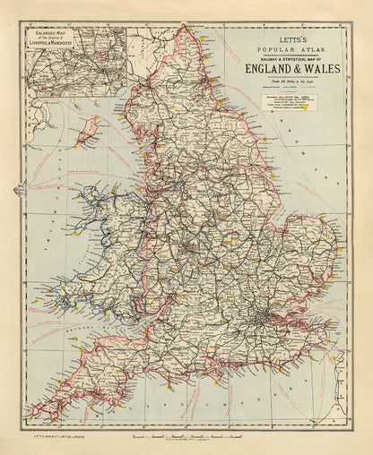 Old Rail Map of England and Wales, 1883: Letts's Railway & Statistical Map - Train Network Chart