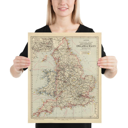 Old Rail Map of England and Wales, 1883: Letts's Railway & Statistical Map - Train Network Chart