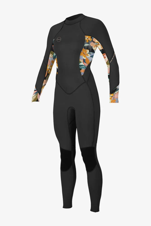 O'Neill Bahia Women's 3/2mm Back Zip Full Wetsuit in Black/DemiFloral, designed for performance and style