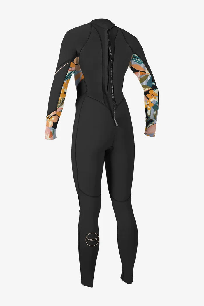 O'Neill Bahia Women's 3/2mm Back Zip Full Wetsuit in Black/DemiFloral, designed for performance and style