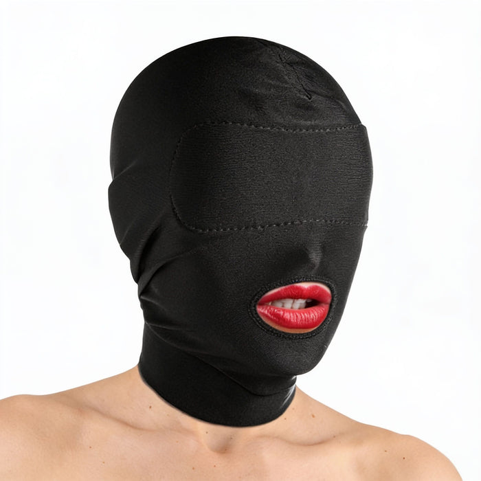 model wearing black disguise hood with padded blindfold covering the eyes and open mouth access opening