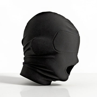 black disguise hood with open mouth design and padded blindfold panels for sensory deprivation play