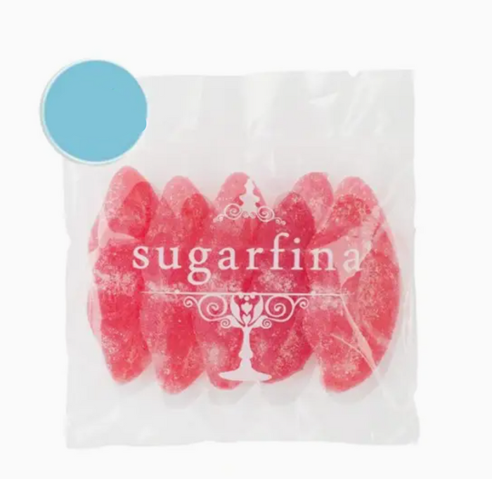 Pack of red candy with 'sugarfina' branding and a blue label indicating 24 packs.