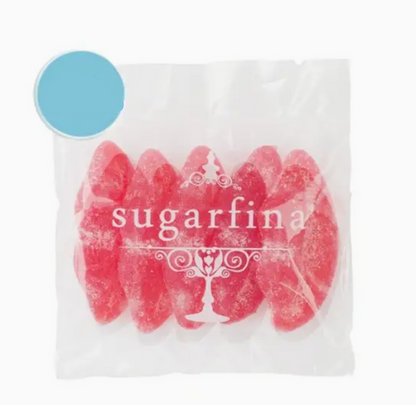 Pack of red candy with 'sugarfina' branding and a blue label indicating 24 packs.