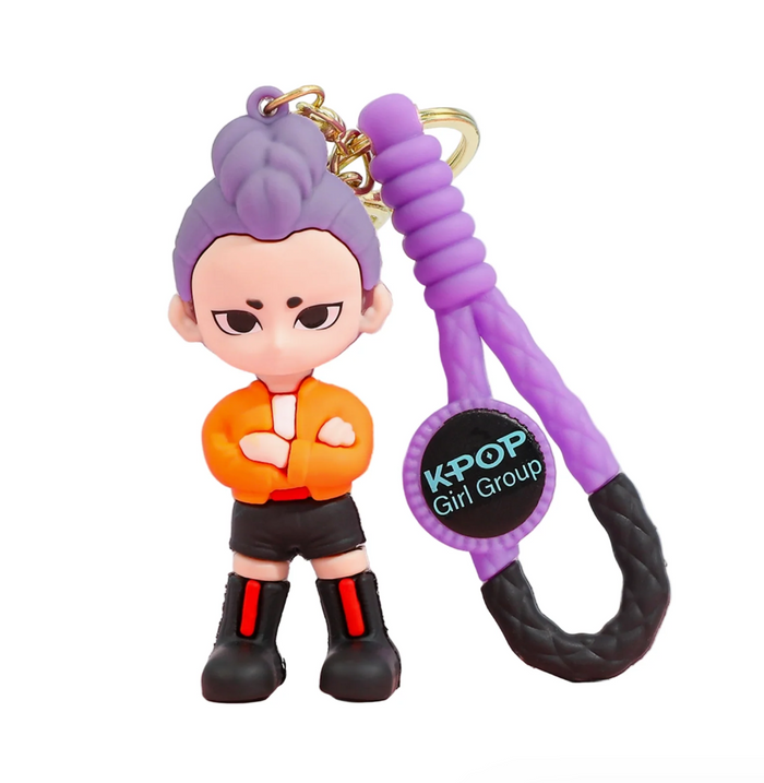 Keychain with a character figure and purple rope, featuring 'K-POP Girl Group' branding.