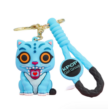 Blue cat-shaped keychain with a strap and 'K-POP Girl Group' tag on a white background