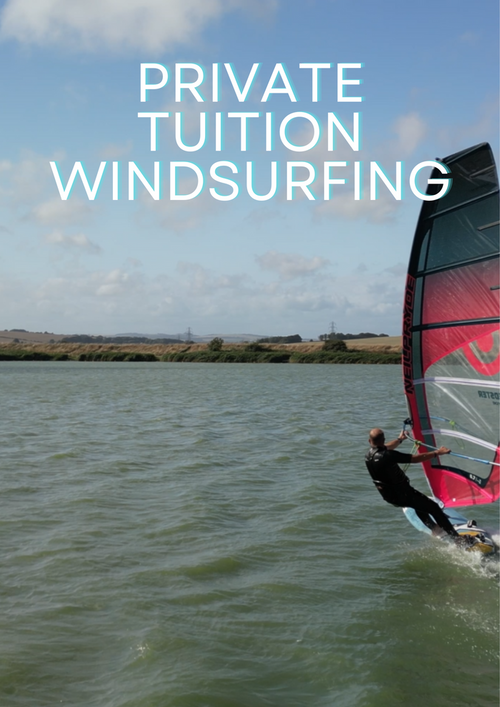 A person windsurfing on a body of water with a sailboard and parachute. The text 'PRIVATE TUITION WINDURFING' is prominently displayed above the image.